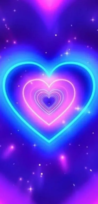 Vibrant neon heart wallpaper with a colorful, glowing design in purple and pink hues.