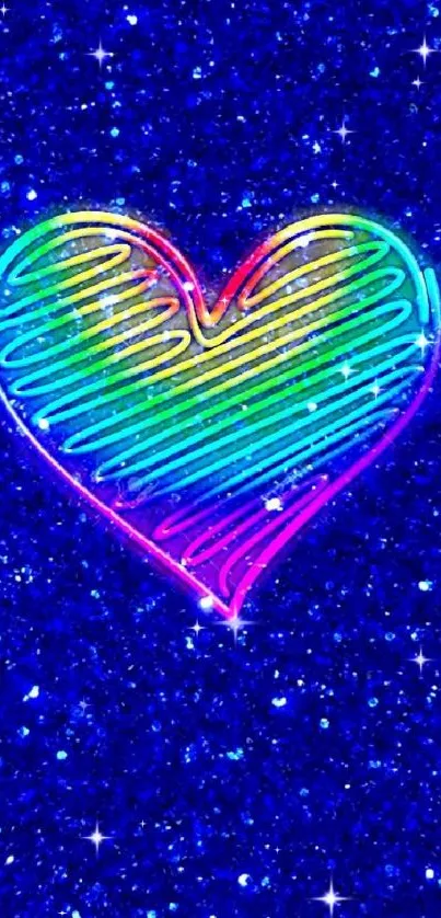 Vibrant neon heart on a blue glitter background.