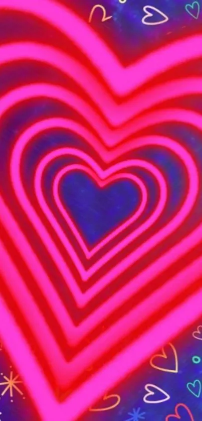 Vibrant neon heart wallpaper with colorful cosmic background.