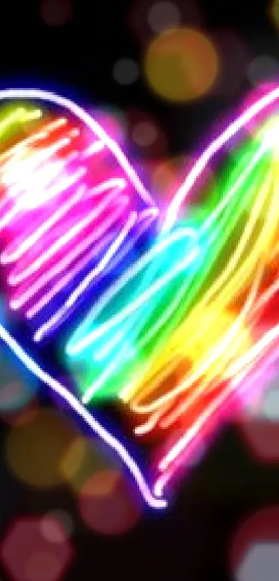 Bright neon rainbow heart on black wallpaper.