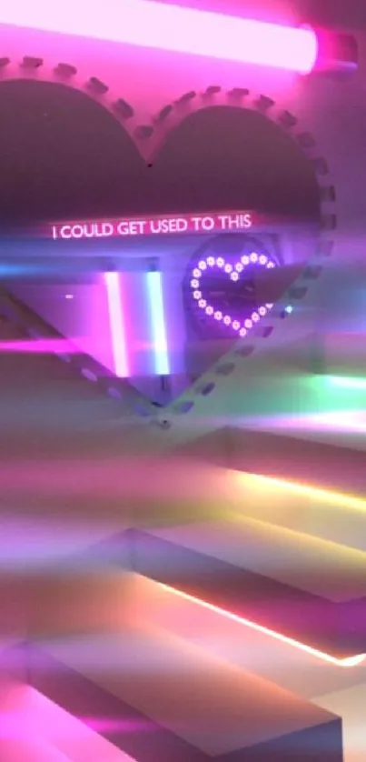 Vibrant neon heart with glowing rainbow lights on stairs.