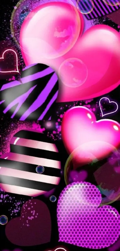 Vibrant wallpaper with neon pink hearts on black.