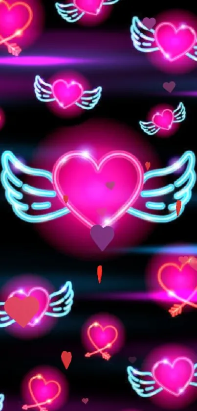 Neon wallpaper with glowing pink heart and wings on a black background.