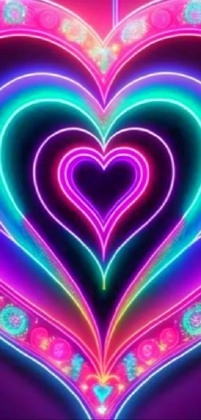 Vibrant neon heart mobile wallpaper with glowing colors.