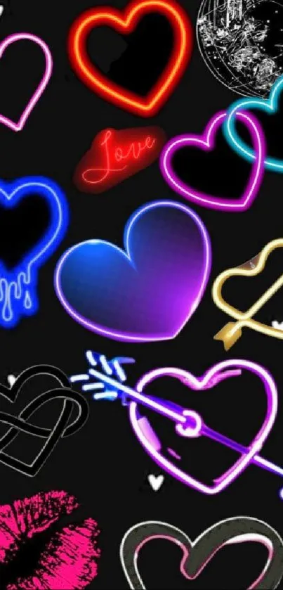 Neon heart design mobile wallpaper featuring vibrant, glowing colors.