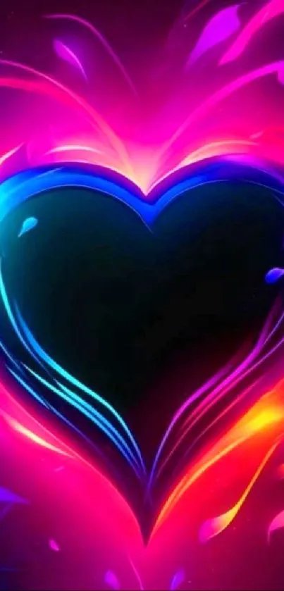 Vibrant neon heart on a colorful background.