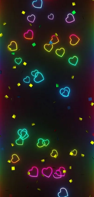 Neon hearts glowing on a black background mobile wallpaper.