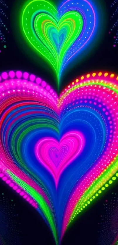 Vibrant neon heart design with colorful, psychedelic patterns.