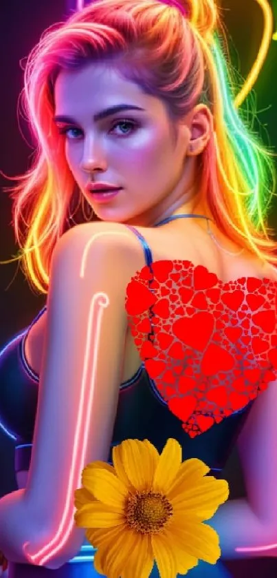 Vibrant neon-themed wallpaper with heart and flower design.