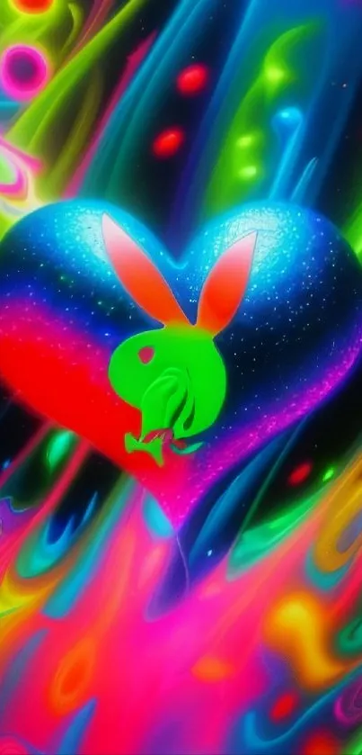 Vibrant neon heart with psychedelic colors in abstract design.