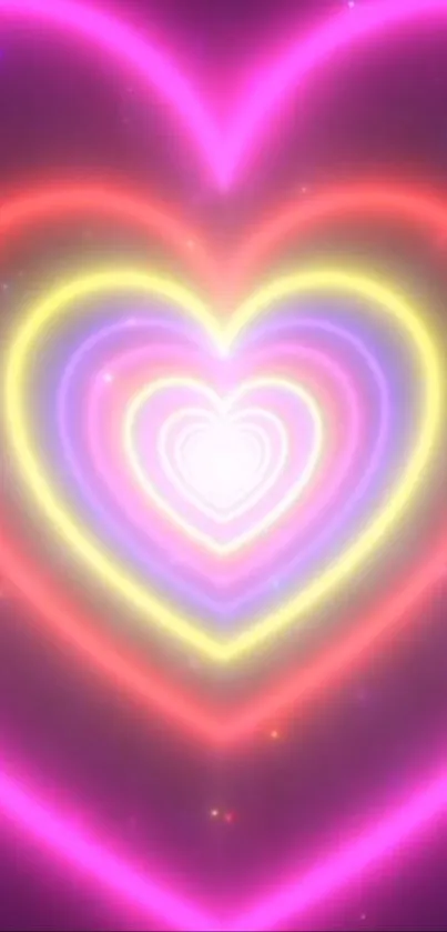 Vibrant neon heart with multicolored glowing rings.