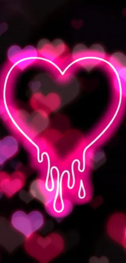 Glowing neon heart on black background with pink hue.