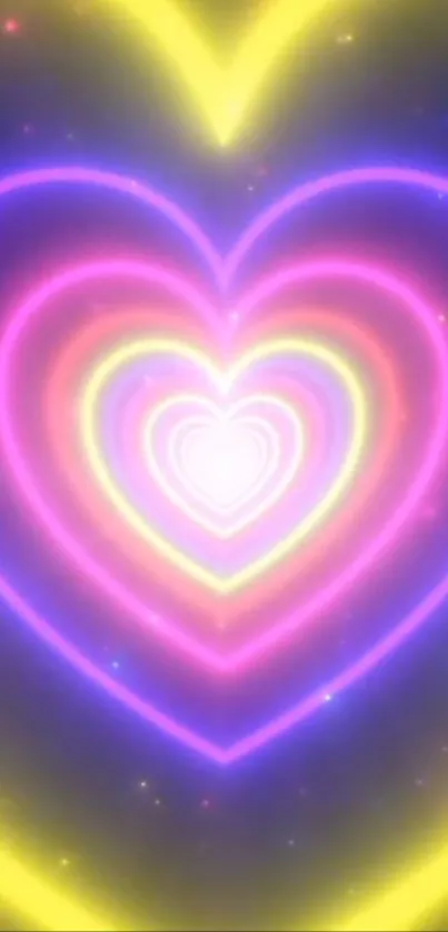 Vibrant neon heart wallpaper with colorful glowing hearts.