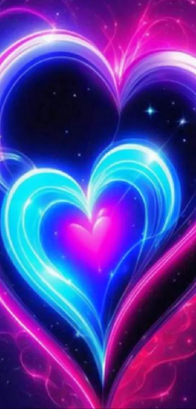 Neon heart wallpaper with vibrant pinks and blues.