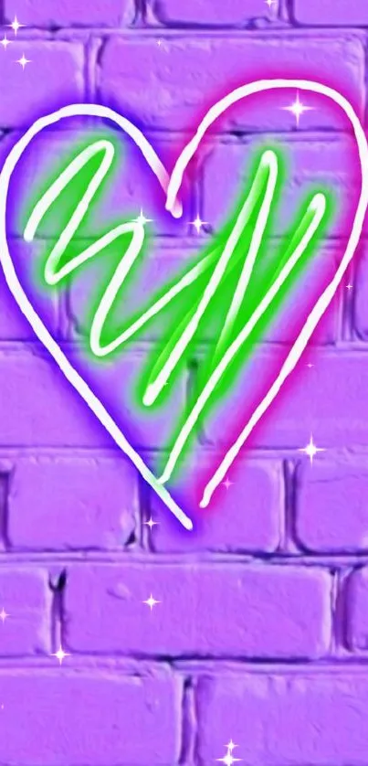 Neon heart graffiti on a purple brick wall art wallpaper.