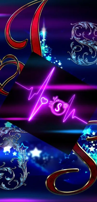 Neon heartbeat with purple and blue hues creating a vibrant mobile wallpaper.