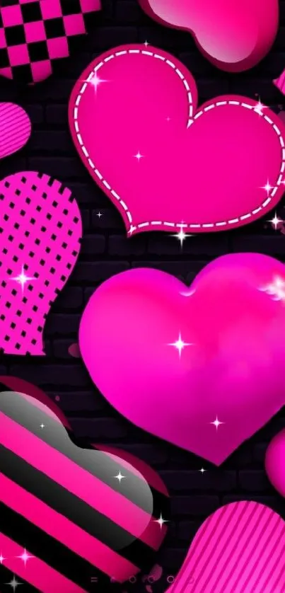 Neon pink hearts on a dark background wallpaper.