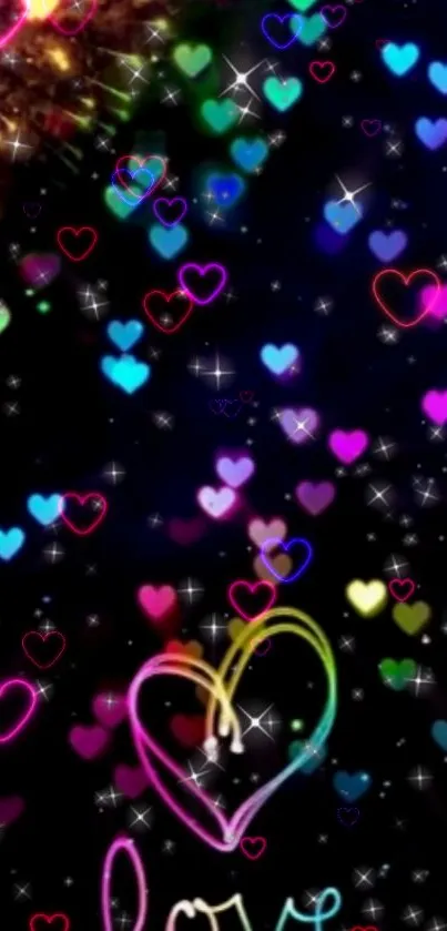 Mobile wallpaper with neon hearts on a starry black background.