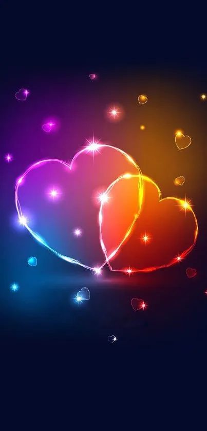 Neon heart shapes glowing on a dark background with vibrant colors.