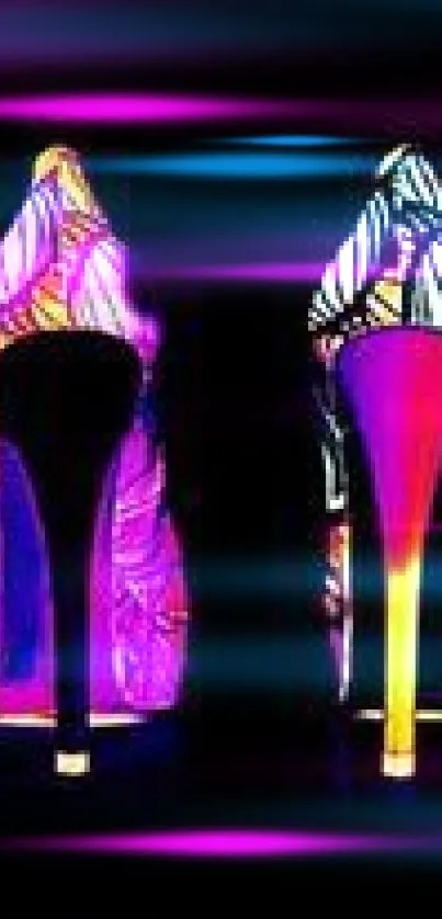 Stunning neon high heels wallpaper with colorful designs on dark background.