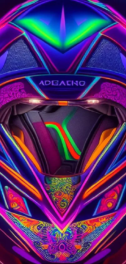 Vibrant neon helmet design in purple, green, and pink hues.