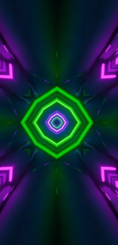 Vibrant neon wallpaper with glowing hexagon design in green and purple hues.