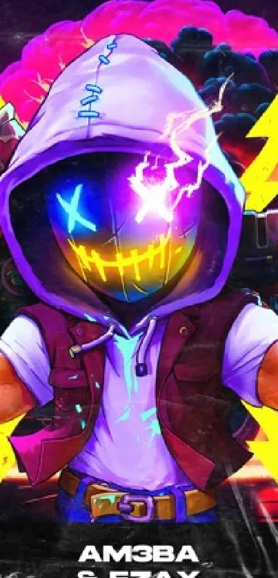 Neon hooded character in vibrant colors with electric details and bold design.