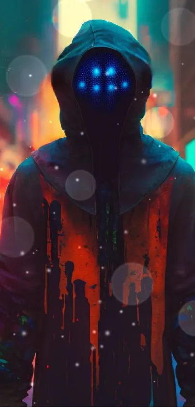 Mysterious hooded figure with vibrant neon lights in an urban setting.