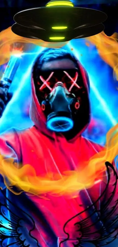 Colorful neon wallpaper with a hooded, masked character and flames.