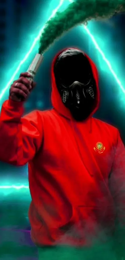 Person in red hoodie with neon blue background and green smoke effect.