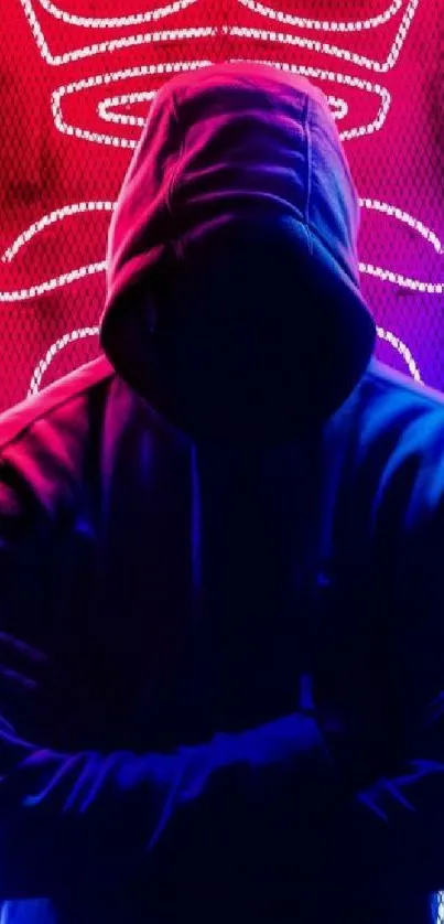 Mystical hoodie silhouette with neon backdrop.