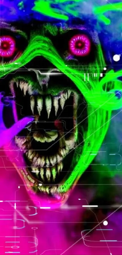 Neon horror wallpaper featuring a vibrant, eerie face with sharp teeth.