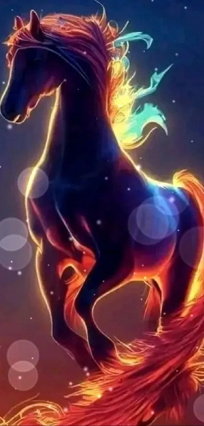 Vibrant neon horse artwork with fiery mane on dark background.