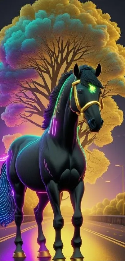 Vibrant neon horse in a surreal landscape with glowing colors.