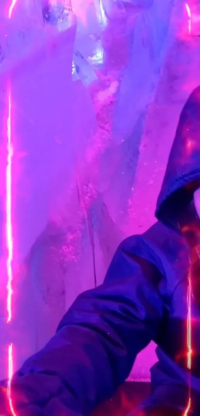 A vibrant neon ice cave scene with a hooded figure.