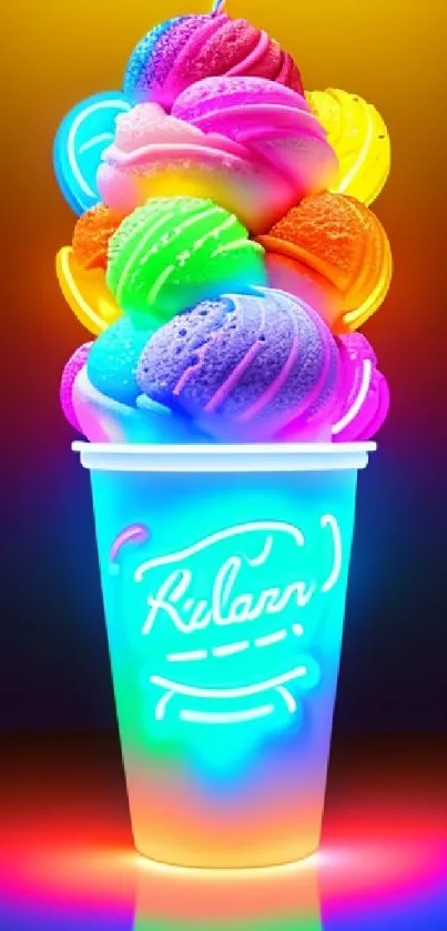 Colorful neon ice cream in a glowing cup design.