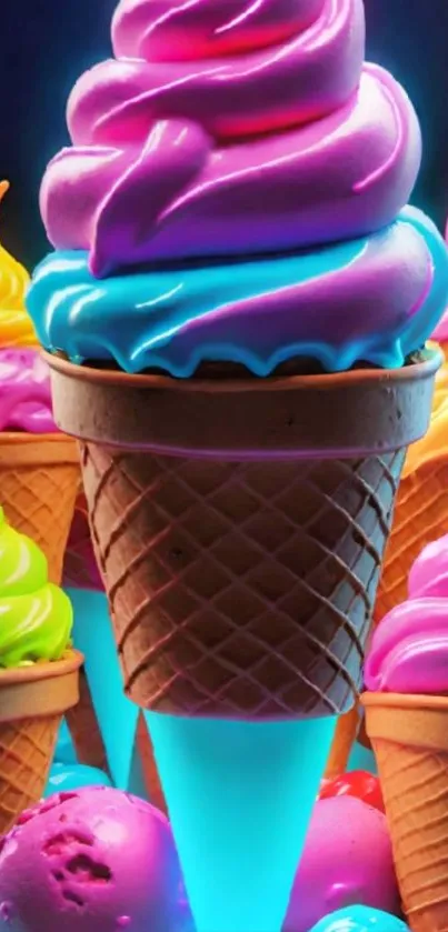Vibrant neon ice cream cones with colorful swirls.