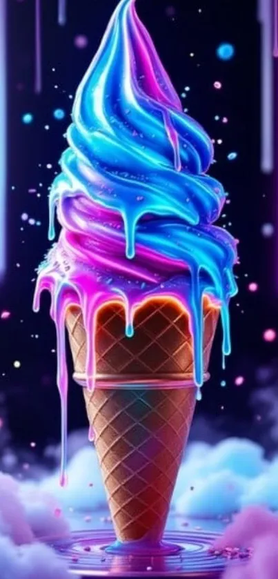 Vibrant neon ice cream cone with blue and pink colors.