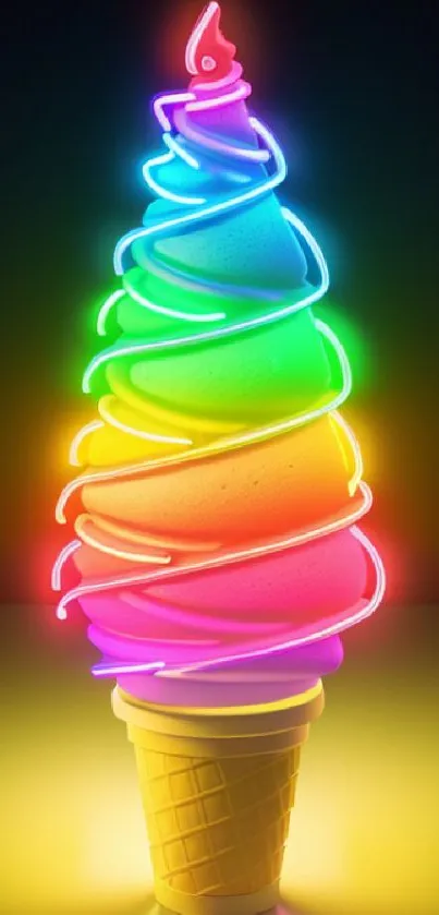 Neon ice cream wallpaper with vibrant rainbow swirls against a dark background.