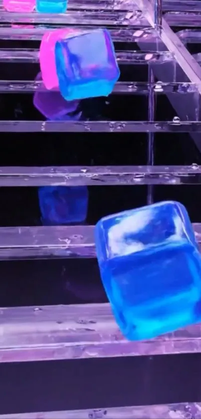 Neon blue and pink ice cubes cascading on glass steps.