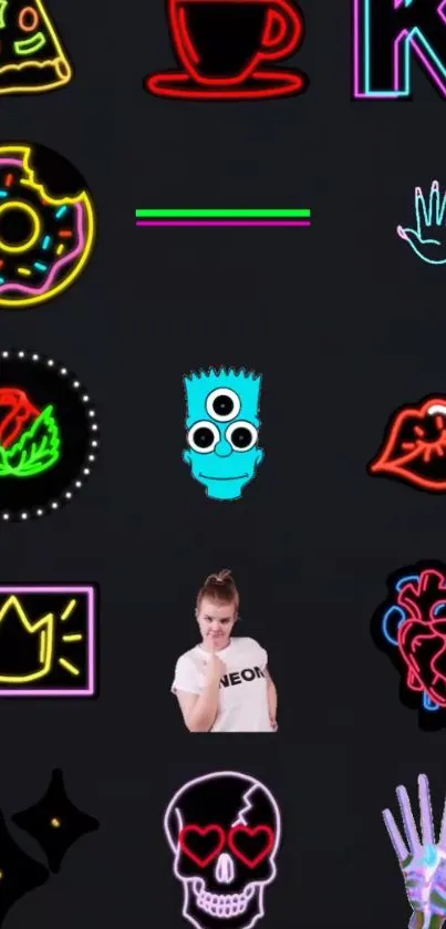 Vibrant neon icons wallpaper with various designs on black background.