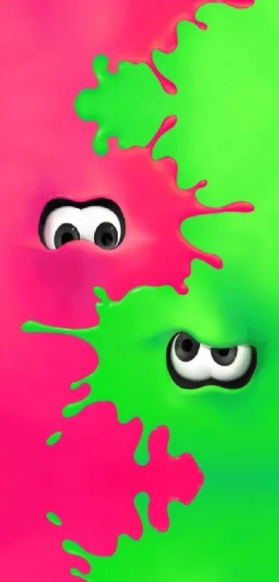 Neon pink and green ink splash wallpaper with cartoon eyes peeking through.