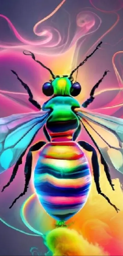 Neon colored insect with vibrant patterns on a mobile wallpaper.