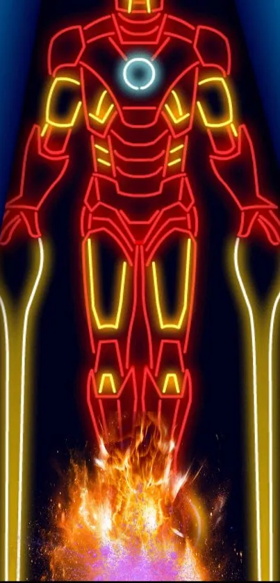 Neon outline of Iron Man with glowing flames on a mobile wallpaper.