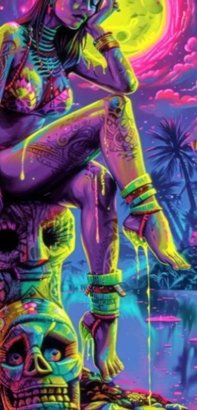 Vibrant neon phone wallpaper with surreal tropical scene.