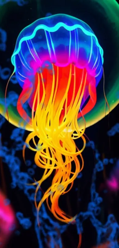 Vibrant neon jellyfish glowing against a dark ocean background.