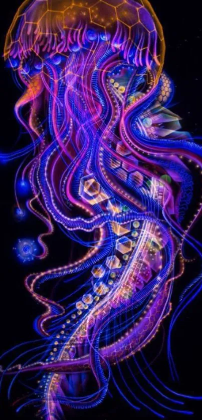 Colorful neon jellyfish glowing in dark artistic wallpaper.