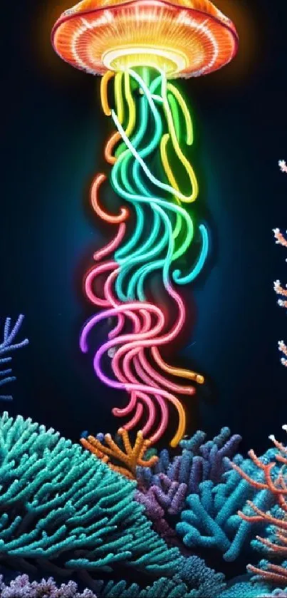 Neon jellyfish and coral wallpaper design in vibrant colors.