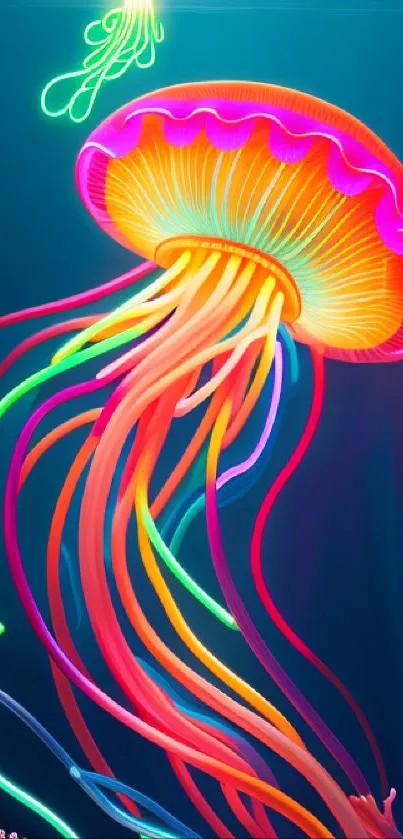 Vibrant neon jellyfish with colorful tentacles in deep blue ocean setting.