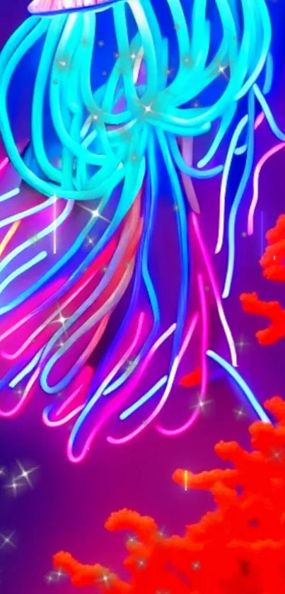 Neon jellyfish artwork with vivid colors set against a deep ocean background.